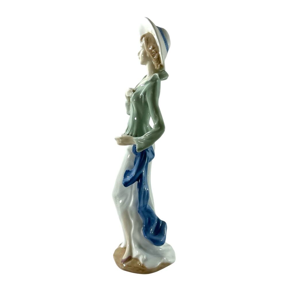 Porcelain Lady Figurine 14” Woman Wide Brim Hat Green Blue Floral Elegant - Picture 5 of 8